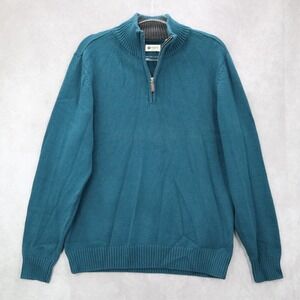 Haggar Teal Gray 1/4 Zip Sweater Knit Pullover Ribbed Collar Classic L Large